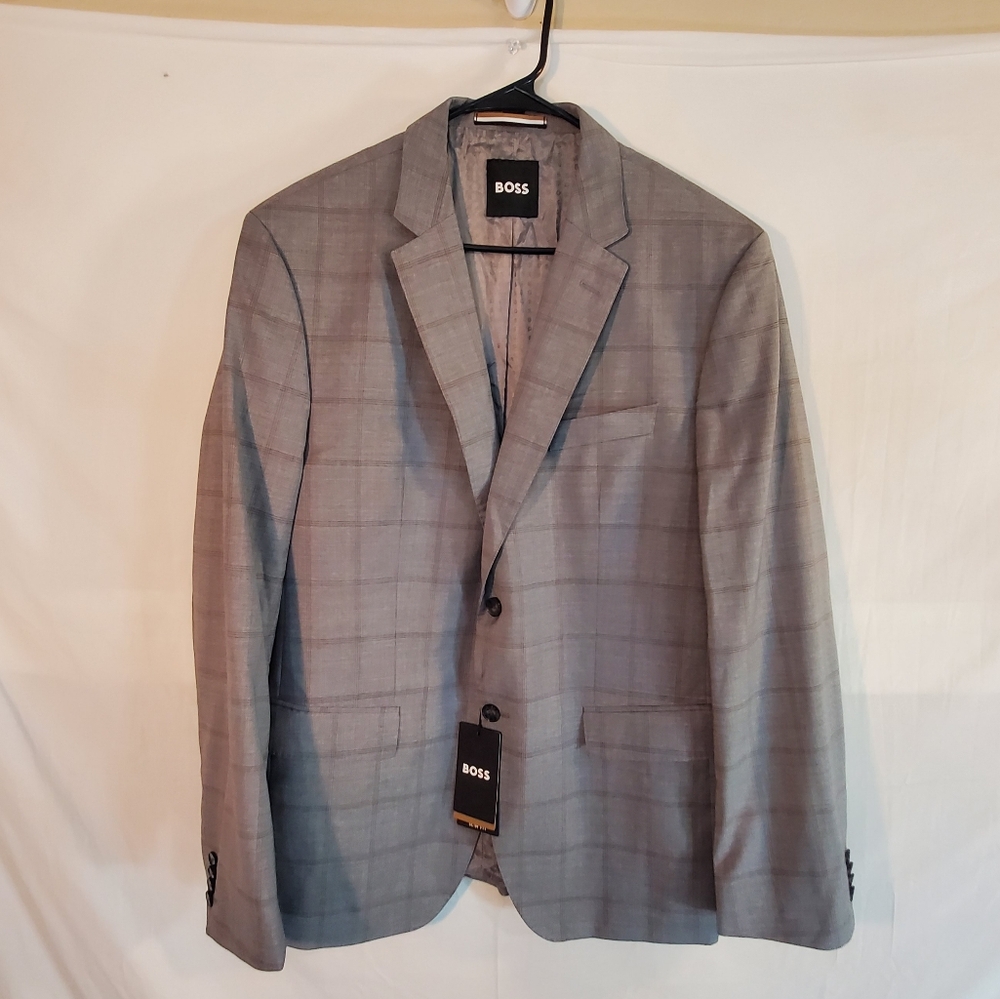 Hugo Boss 44 R Slim Fit Men's Gray Window pane Wool Two Button Blazer New Tags. - Picture 1 of 7
